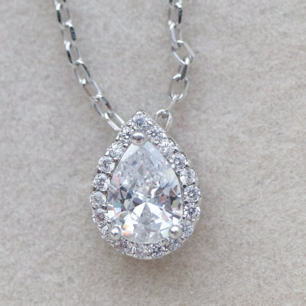 S925 Teardrop Style Aaa Diamond Cz Halo Pave Necklace Sterling Silver